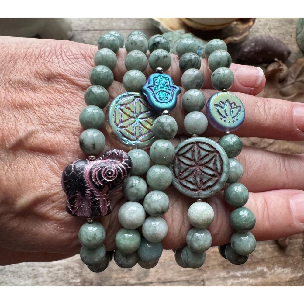 Burmese Jade Nugget Bracelet with Czechoslovakian Pressed Glass Daisy – Harmony,
